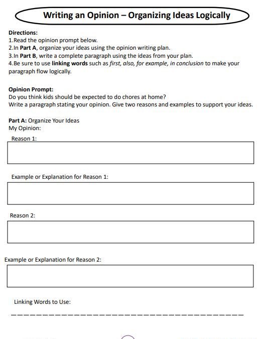 Writing an Opinion – Organizing Ideas Logically Grade 5 ELA