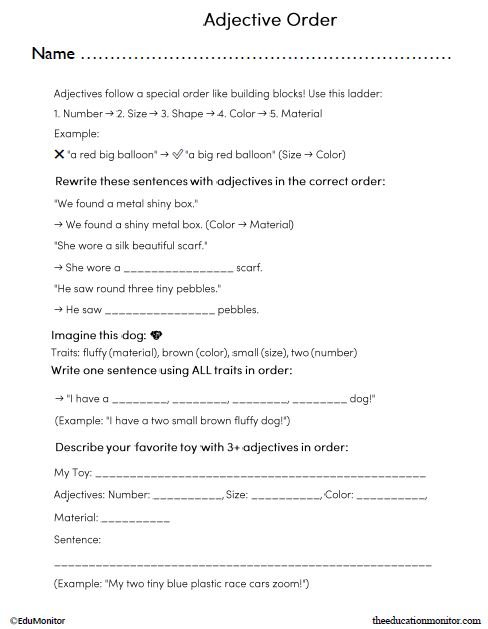 3rd Grade Adjective Order English Language Arts Worksheet