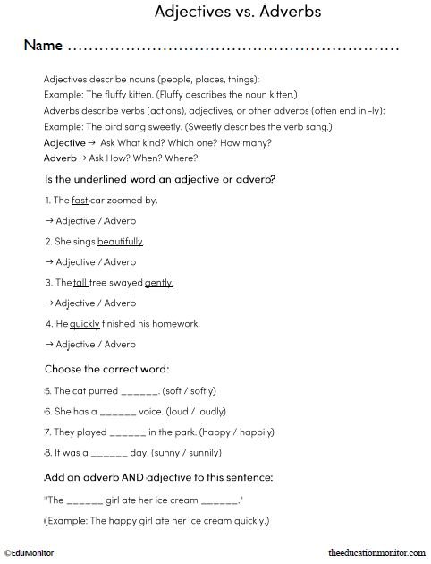 Adjectives vs. Adverbs English Language Arts Worksheet_EduMonitor Adjectives vs. Adverbs English Language Arts Worksheet for 3rd Grade