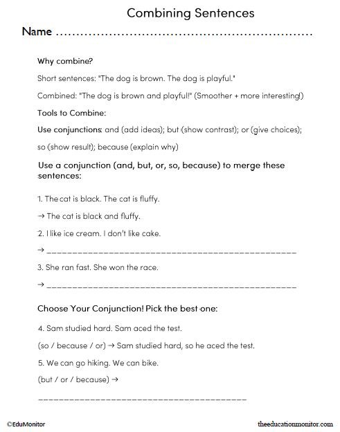 Combining Sentences English Language Arts Worksheet_EduMonitor Combining Sentences English Language Arts Worksheet for 3rd Grade