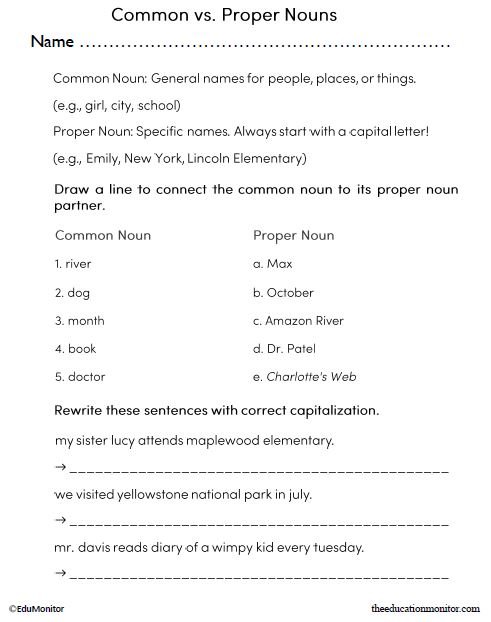 Grade 3 Common vs. Proper Nouns English Language Arts Worksheet