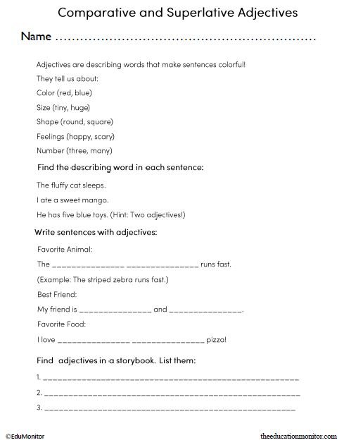 Comparative and Superlative Adjectives Worksheet for Grade 3