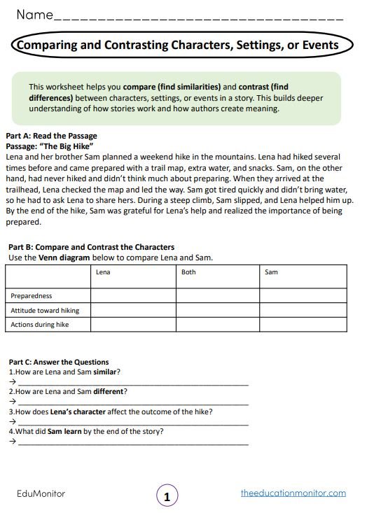 Comparing and Contrasting Characters, Settings, or Events Grade 5