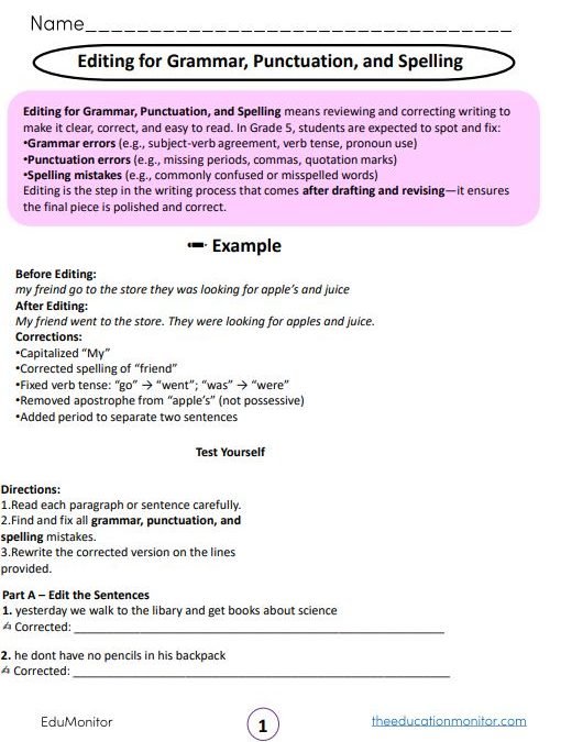Editing for Grammar, Punctuation, and Spelling Grade 5