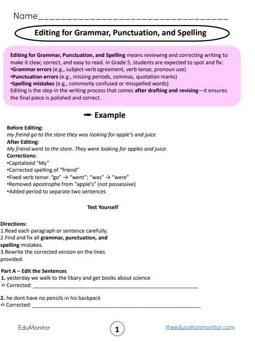 Editing for Grammar, Punctuation, and Spelling grade 5 I ELA