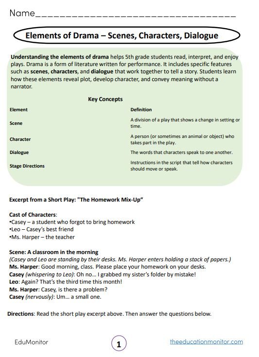 Elements of Drama – Scenes, Characters, Dialogue grade 5