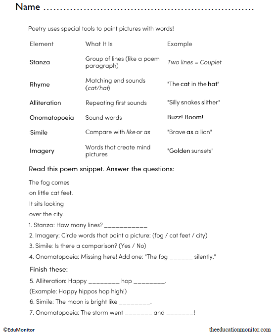 Elements of Poetry English Language Arts Worksheet for 3rd Grade