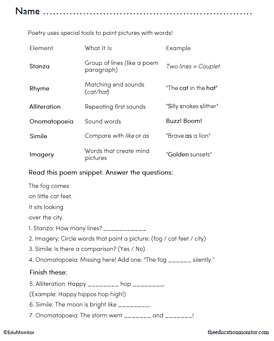 Elements of Poetry English Language Arts Worksheet for 3rd Grade