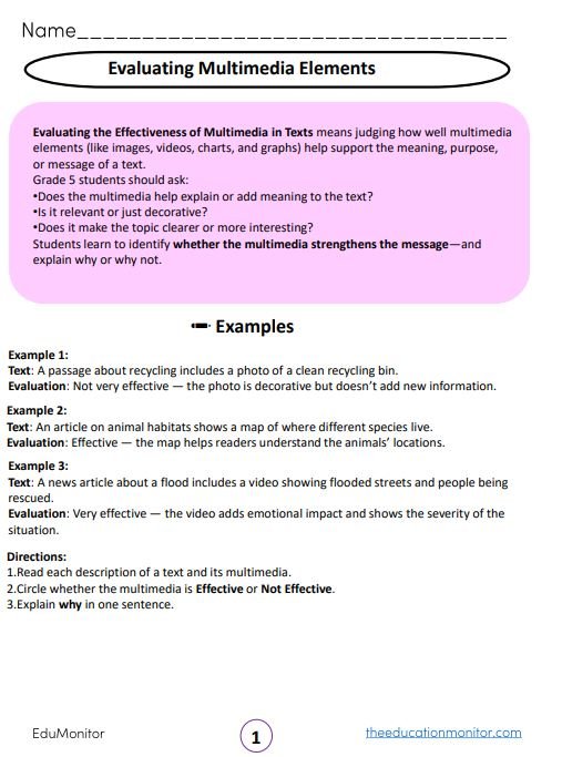 Evaluating Multimedia Elements grade 5 I English Language Arts