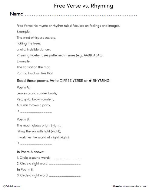Free Verse vs. Rhyming English Language Arts Worksheet_EduMonitor Free Verse vs. Rhyming English Language Arts Worksheet for Grade 3