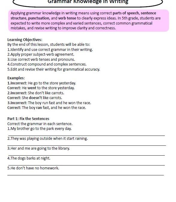 Grammar Knowledge in Writing I English Language Arts Grade 5