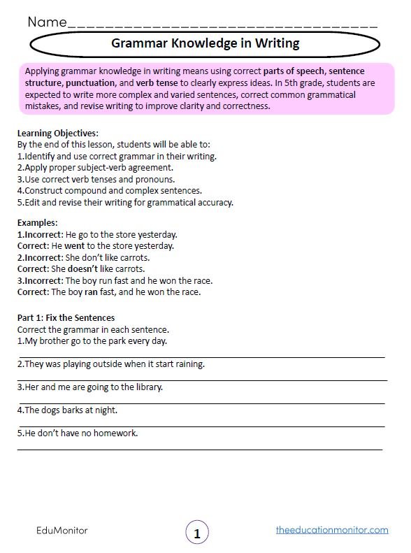Grammar Knowledge in Writing grade 5 I EduMonitor