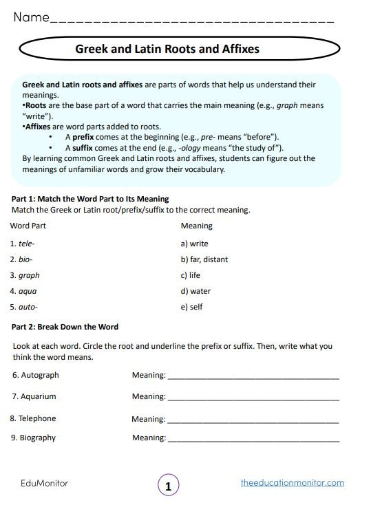 Greek and Latin Roots and Affixes grade 5