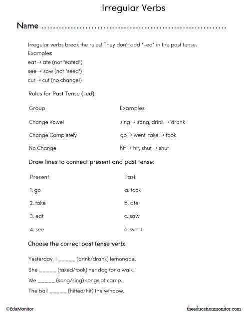 Third Grade Irregular Verbs English Language Arts Worksheet