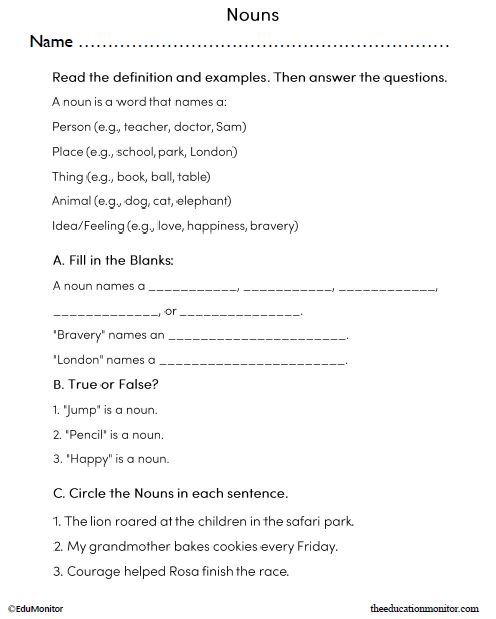 Nouns English Language Arts Worksheet_EduMonitor Nouns English Language Arts Worksheet for Third Grade