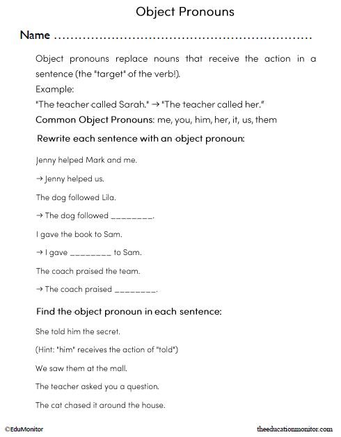 3rd Grade Object Pronouns English Language Arts Worksheet