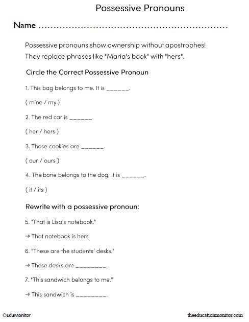 Possessive Pronouns English Language Arts Worksheet_EduMonitor Grade 3 Possessive Pronouns English Language Arts Worksheet