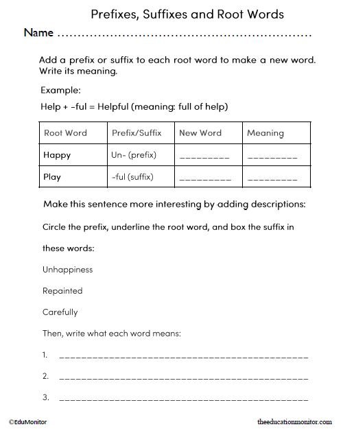 Prefixes, Suffixes and Root Words English Language Arts Worksheet_EduMonitor Prefixes, Suffixes and Root Words English Language Arts Worksheet