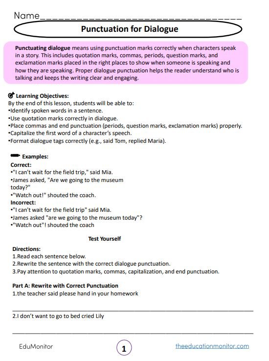 Punctuation for Dialogue grade 5 I EduMonitor