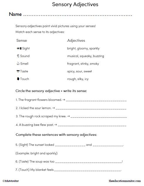 Sensory Adjectives English Language Arts Worksheet_EduMonitor Grade 3 Sensory Adjectives English Language Arts Worksheet