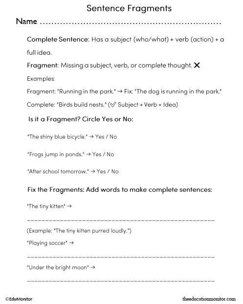 Sentence Fragments English Language Arts Worksheet for Grade 3