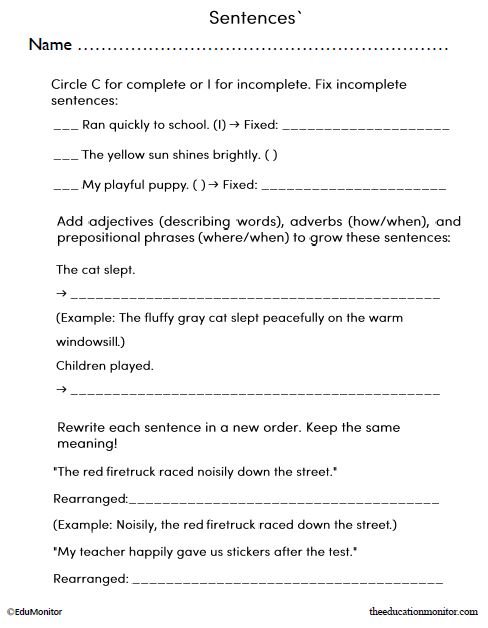 Sentences English Language Arts Worksheet_EduMonitor Sentences English Language Arts Worksheet for Third Grade