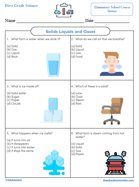 Solids Liquids and Gases First Grade Science Worksheet