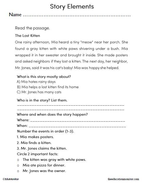 3rd Grade Story Elements English Language Arts Worksheet