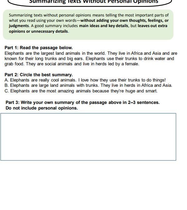 Summarizing Texts Without Personal Opinions Grade 5