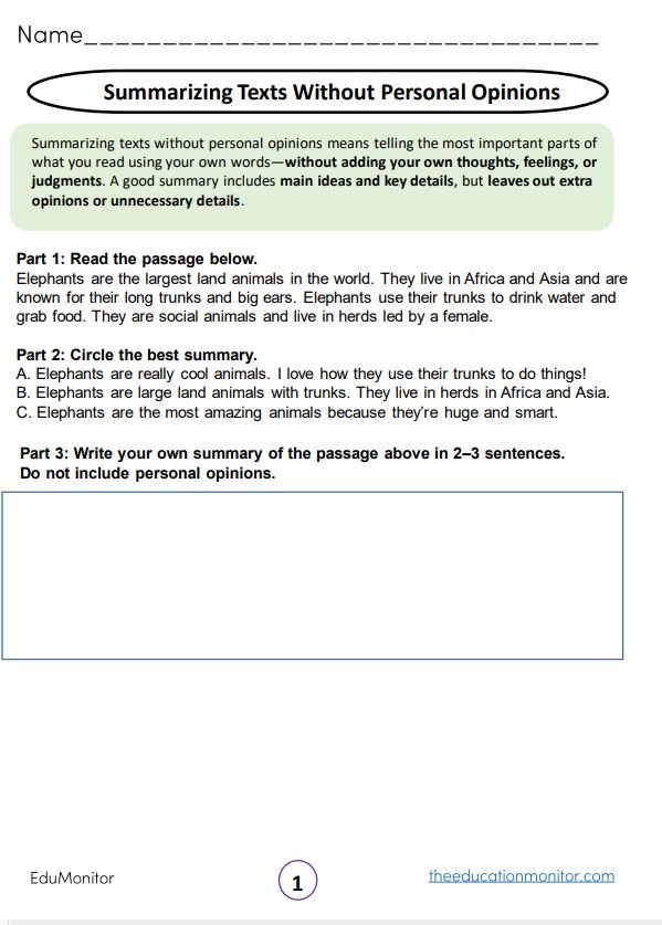 Summarizing Texts Without Personal Opinions grade 5