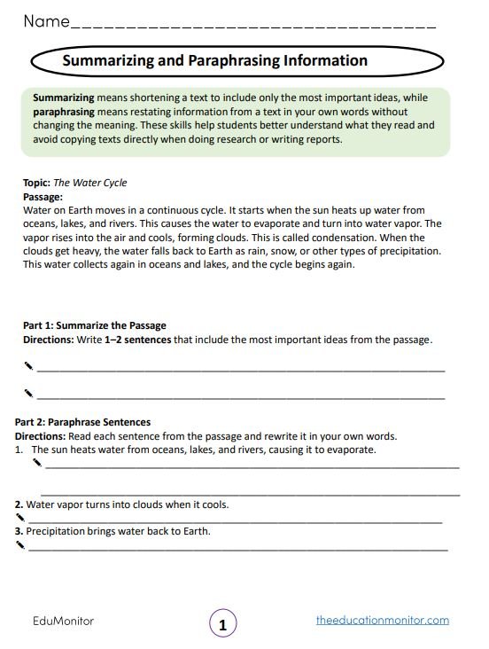 Summarizing and Paraphrasing Information grade 5