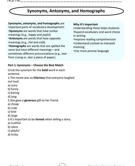 Learning Synonyms, Antonyms, and Homographs Grade 5
