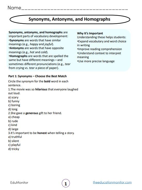 Synonyms, Antonyms, and Homographs grade 5