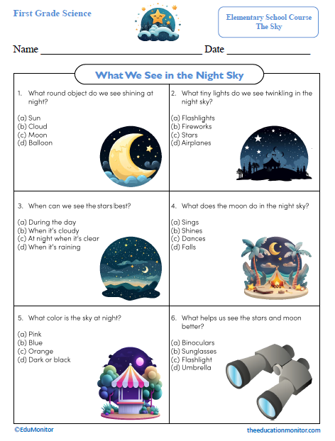 What We See in the Night Sky Science Worksheet_Edumonitor What We See in the Night Sky First Grade Science Worksheet