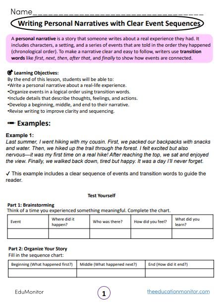 Writing Personal Narratives with Clear Event Sequences Grade 5