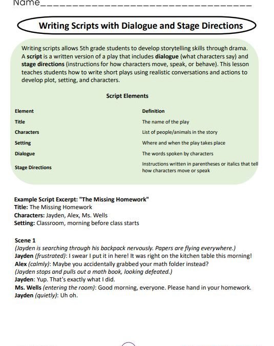 Writing Scripts with Dialogue and Stage Directions Grade 5