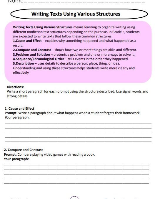 Writing Texts Using Various Structures Grade 5