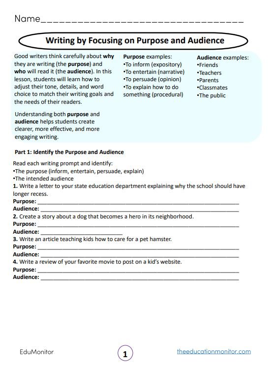 Writing by Focusing on Purpose and Audience grade 5