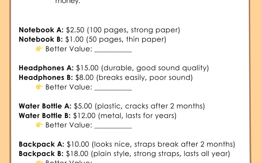 Comparing Prices and Quality 5th Grade Financial Literacy Worksheet