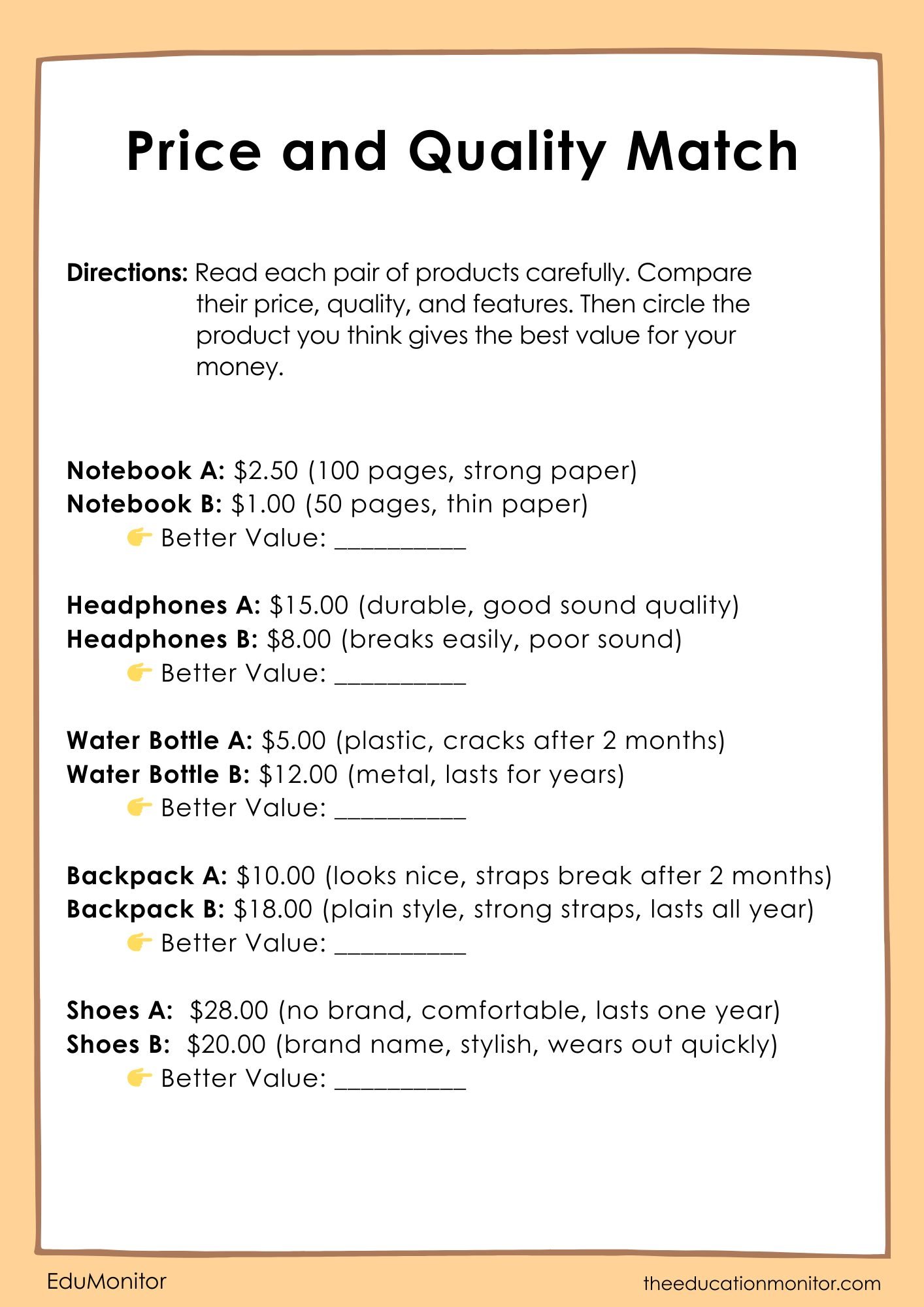 Comparing Prices and Quality 5th Grade Financial Literacy Worksheet