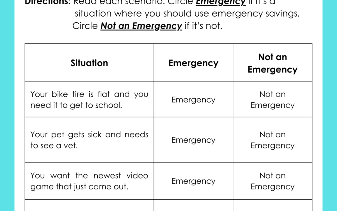 Emergency Savings 5th Grade Financial Literacy Worksheet