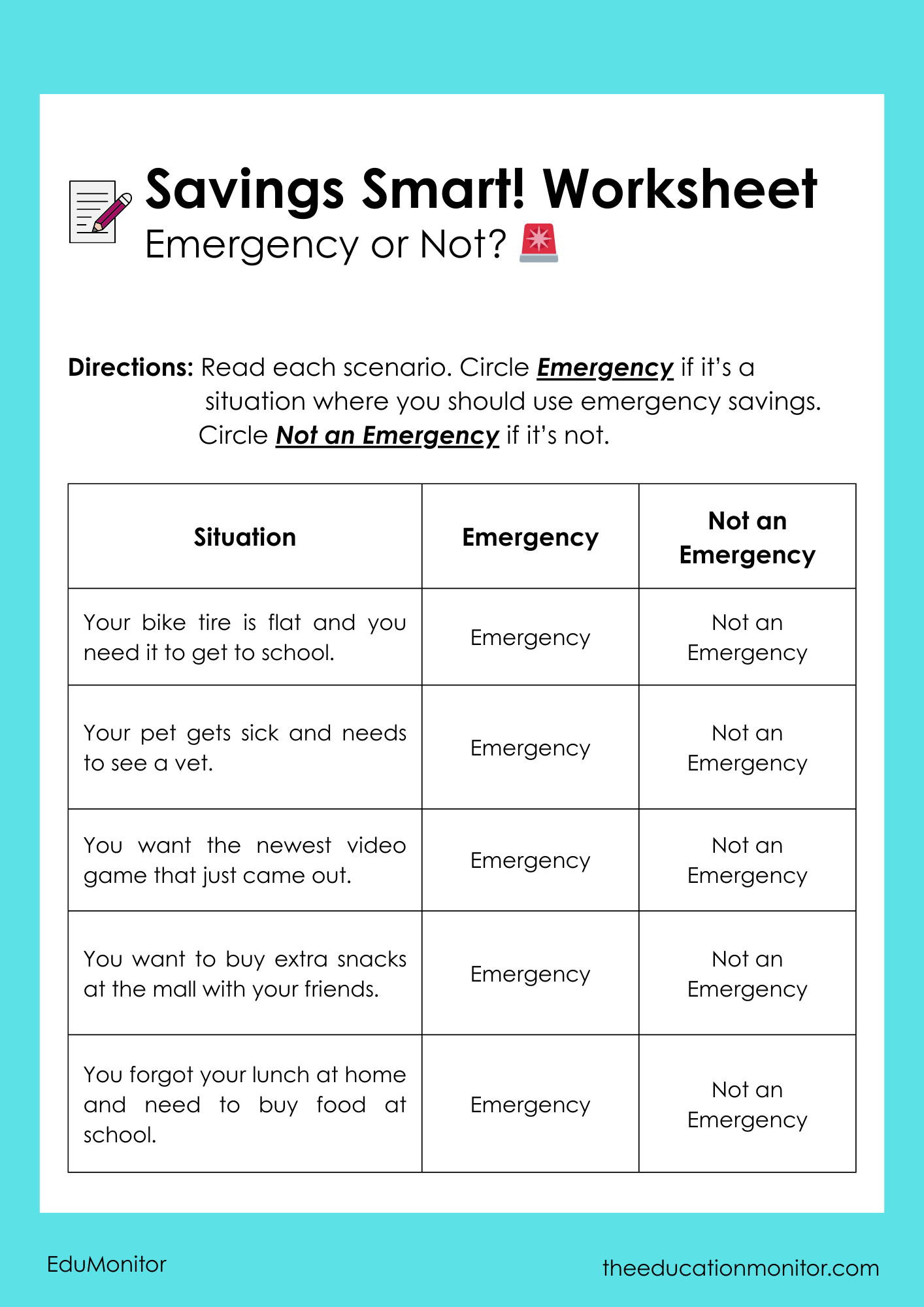 Emergency Savings 5th Grade Financial Literacy Worksheet Emergency Savings 5th Grade Financial Literacy Worksheet