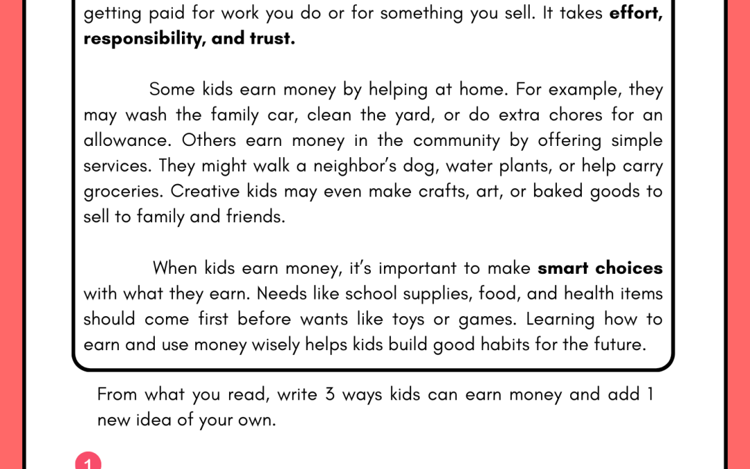 How Kids Can Earn Money 5th Grade Financial Literacy Worksheet