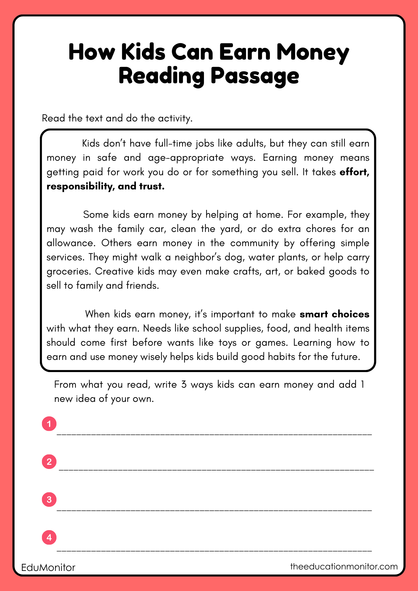 How Kids Can Earn Money 5th Grade Financial Literacy Worksheet