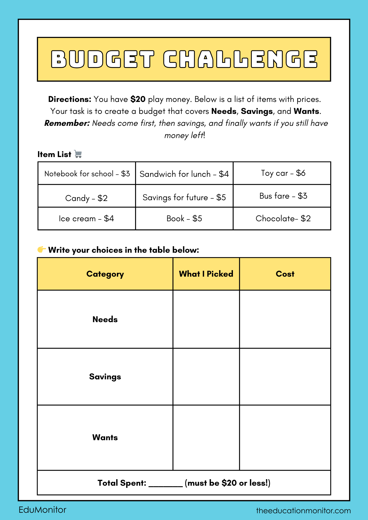 Making a Simple Budget 5th Grade Financial Literacy Worksheet