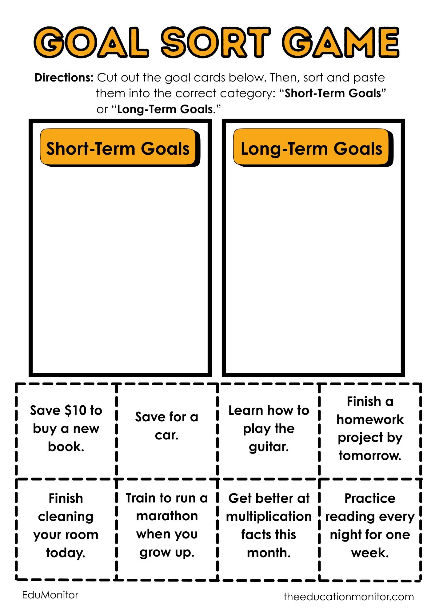 Short-Term vs. Long-Term Goals 5th Grade Financial Literacy Worksheet