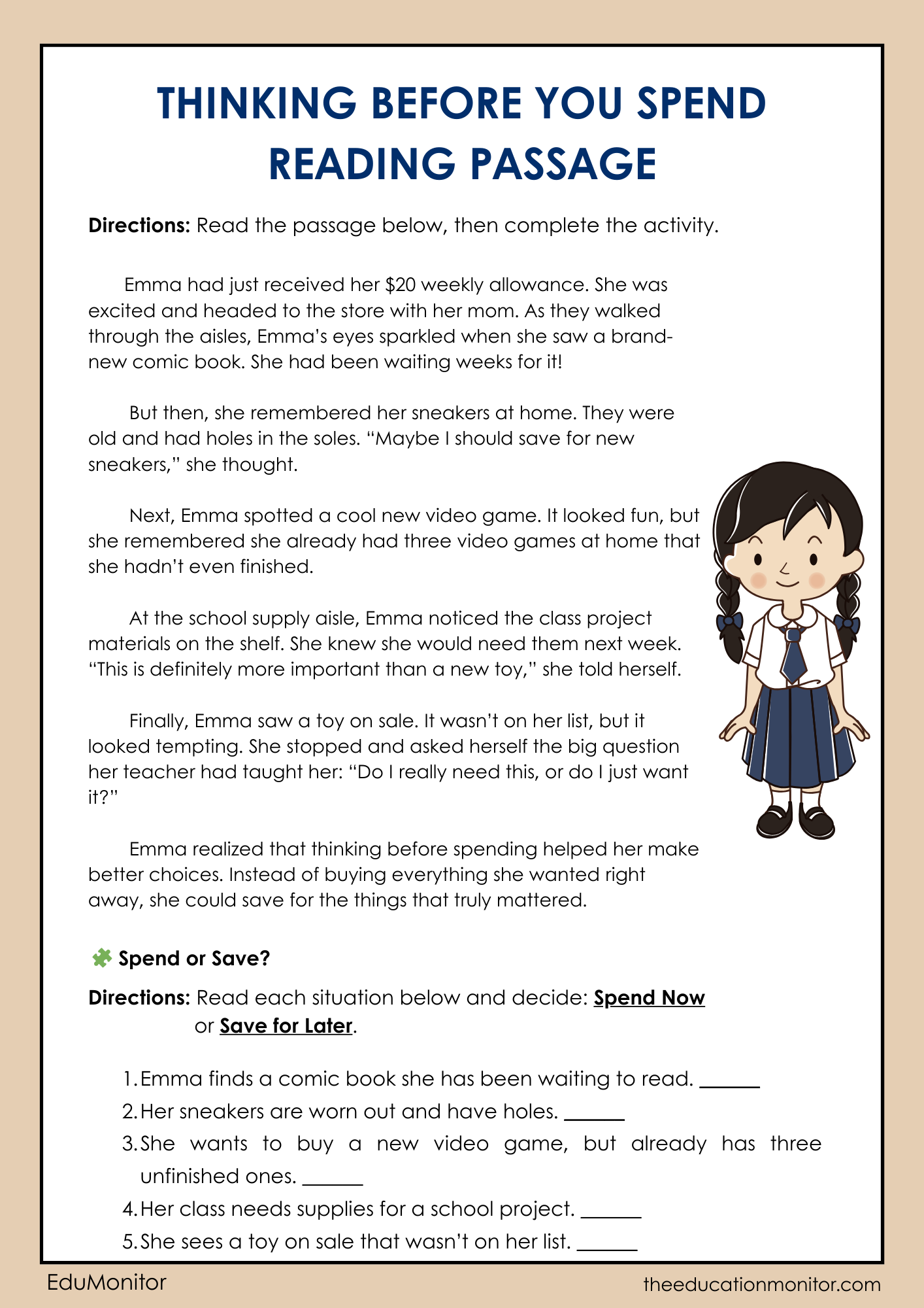 Thinking Before You Spend 5th Grade Financial Literacy Worksheet