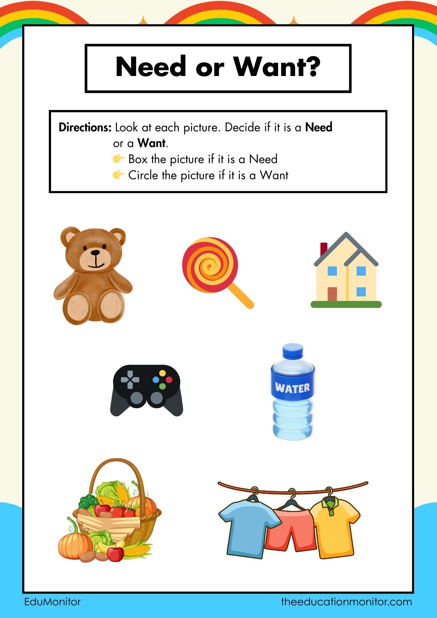Needs vs. Wants 2nd Grade Financial Literacy Worksheet