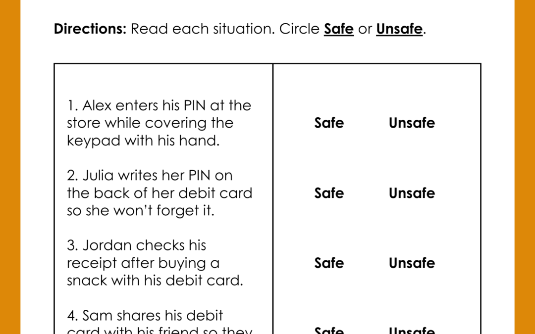 Using Debit Cards Safely 5th Grade Financial Literacy Worksheet