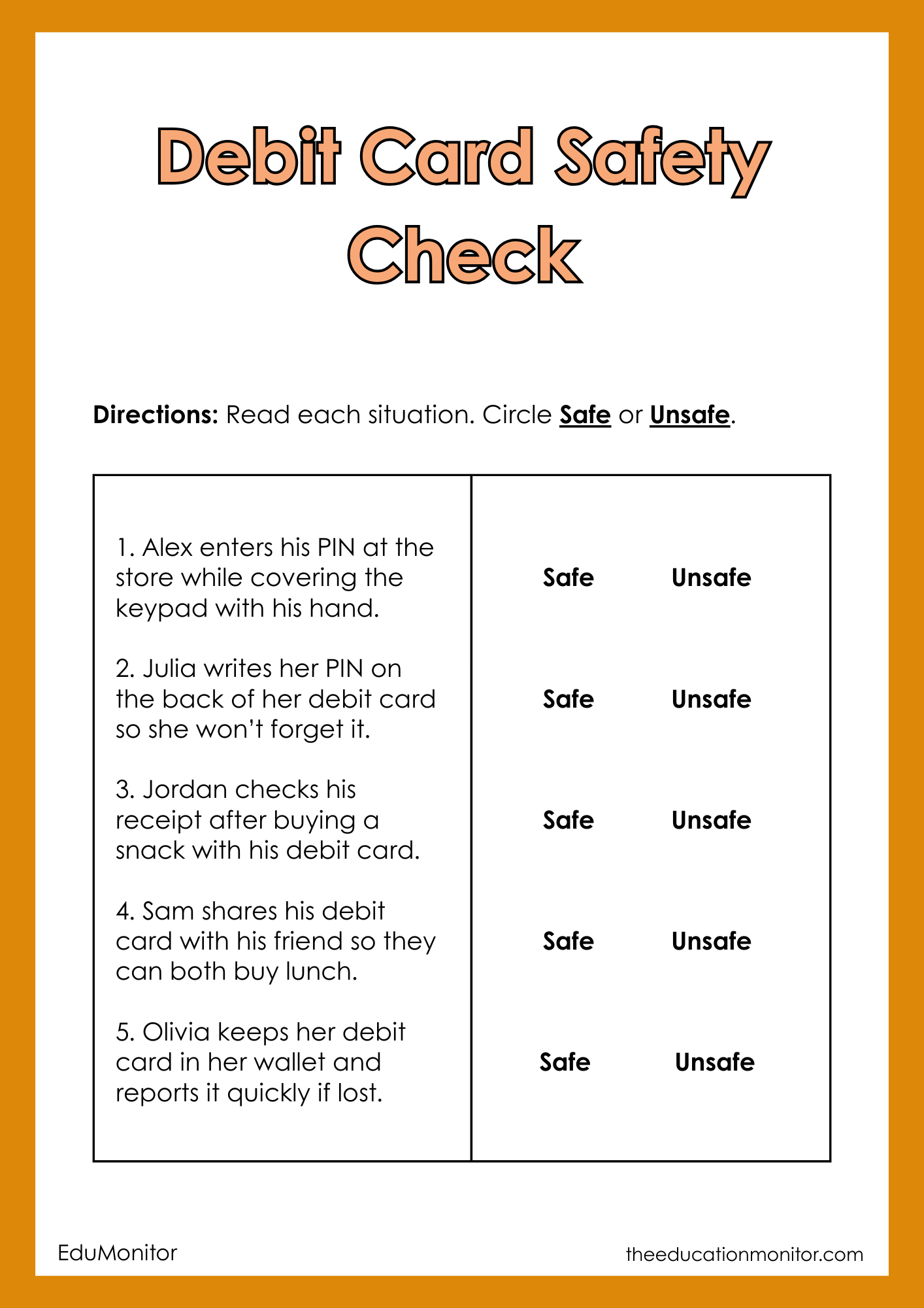 Using Debit Cards Safely 5th Grade Financial Literacy Worksheet